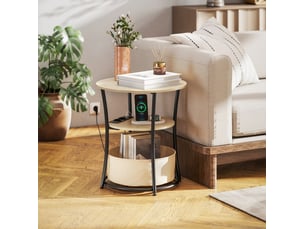 Table basse ronde à 3 niveaux avec prise et ports usb, tablette et sac en tissu, pour salon, bois naturel, ø 50 × 55,1 cm