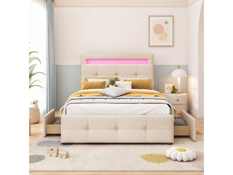  Lit avec tiroirs 1 place 90×200 cm, 2 tiroirs, led et tête réglable, rembourré, beige, sans matelas  - Conforama B