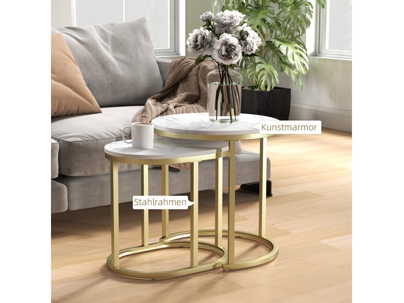 Tables basses gigognes 2 pièces avec plateaux en mdf, cadre acier et pieds réglables, blanches, pour salon et chambre - Conforama C