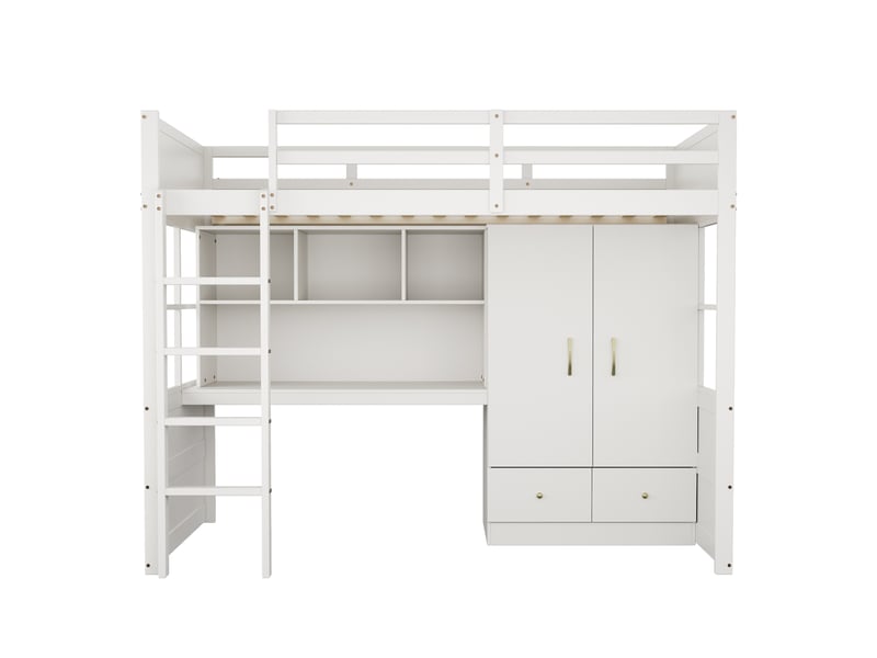  Lit mezzanine avec bureau et armoire, bois blanc, 90x200 cm, échelle, tiroirs et rangements intégrés  - Conforama A