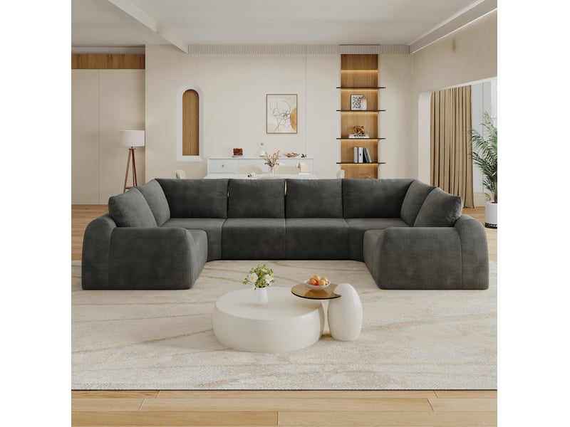 Canapé panoramique en u 6 places à mousse haute élasticité, sans montage, en chenille gris foncé - Conforama E