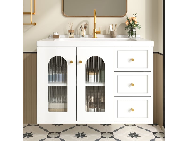  Meuble rangement suspendu 80 cm vasque ceramique blanc verre ondule salle de bain homvra  - Conforama B