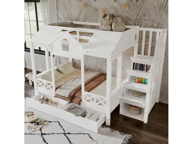  Lit superposé enfant 90x200+140x200 cm, lit avec rangement et 2 tiroirs, couchage familial, bois, blanc, sans matelas  - Conforama D