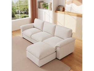 Canapé d'angle modulable en chenille beige avec ottomane déplaçable 257 x 128 x 90 cm, 4 places