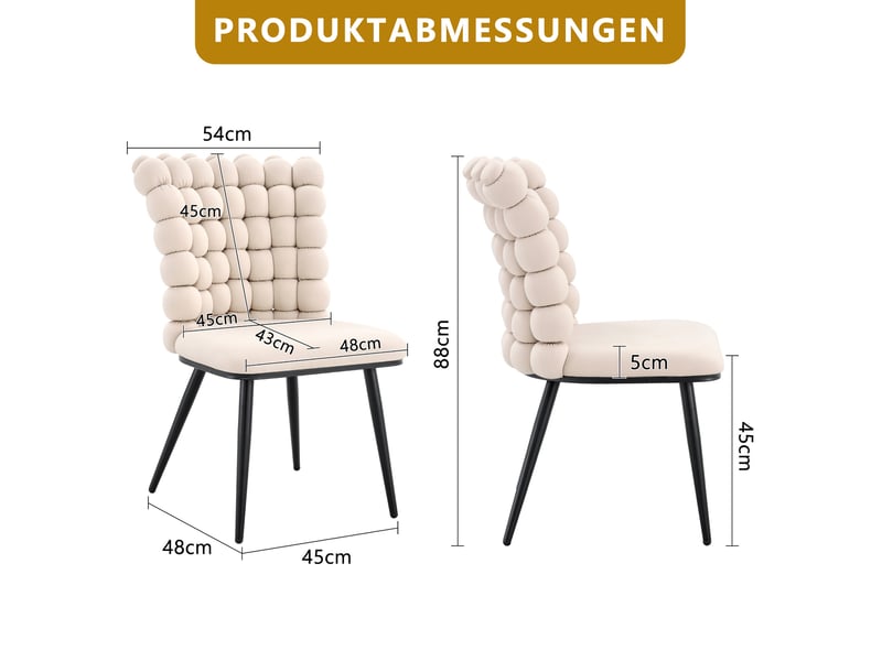  Lot de 2 chaises 54x48x88 cm style contemporain confortable velours blanc cassé, dossier perlé, pieds métal noir  - Conforama C