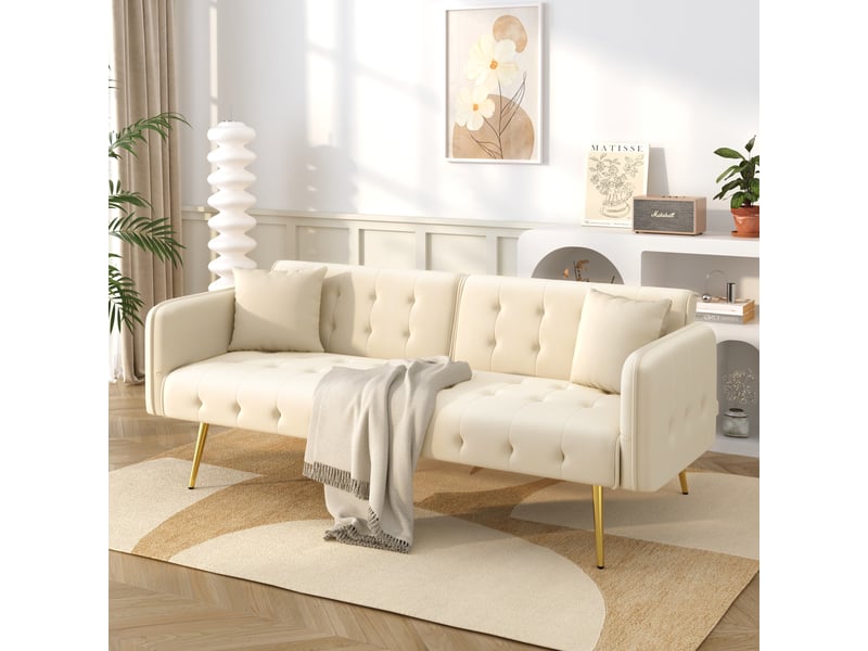  Canapé droit convertible 2 pl velours beige canapé beige - Conforama D