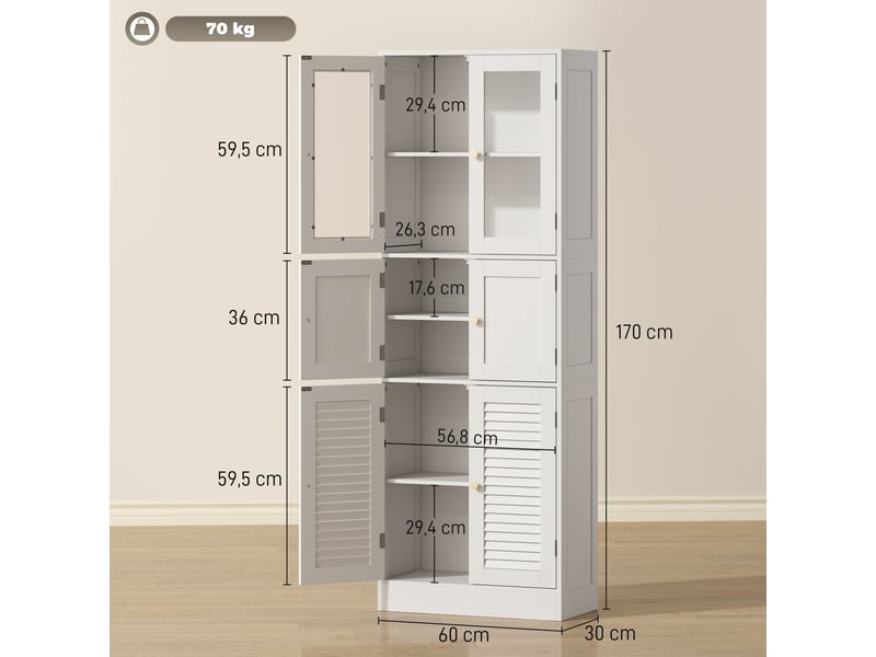 Colonne de salle de bain étroite avec portes vitrées à persiennes et étagères réglables, 60 x 30 x 170 cm, blanche - Conforama E