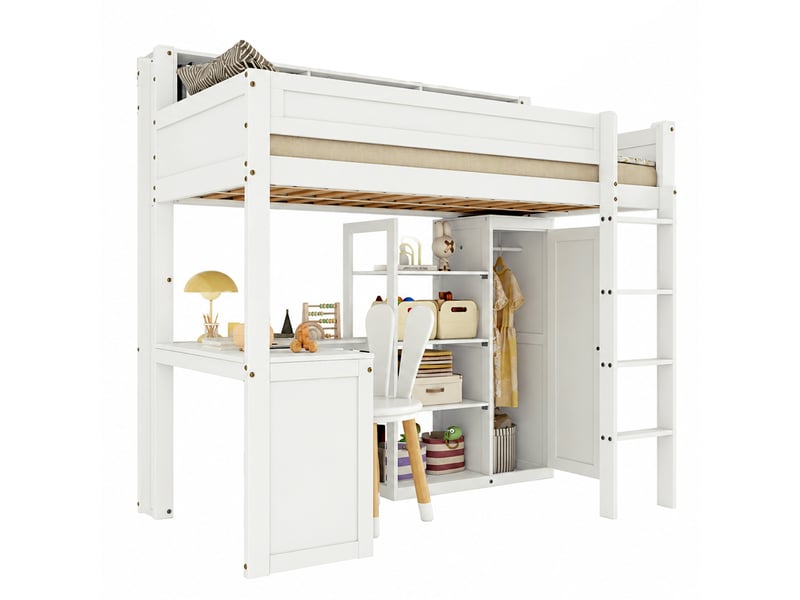  Lit superposé enfant 90×200 cm avec bureau, armoire et barrières  - étagères, sans matelas, bois blanc  - Conforama A