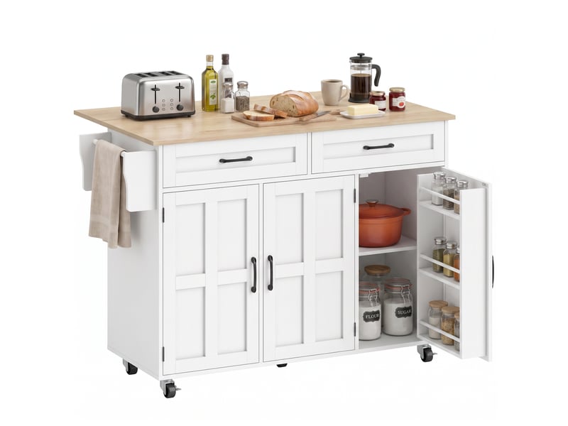  Îlot de cuisine plateau rabattable 3 portes 2 tiroirs blanc 129 x 72 x 90,5 cm  - Conforama A