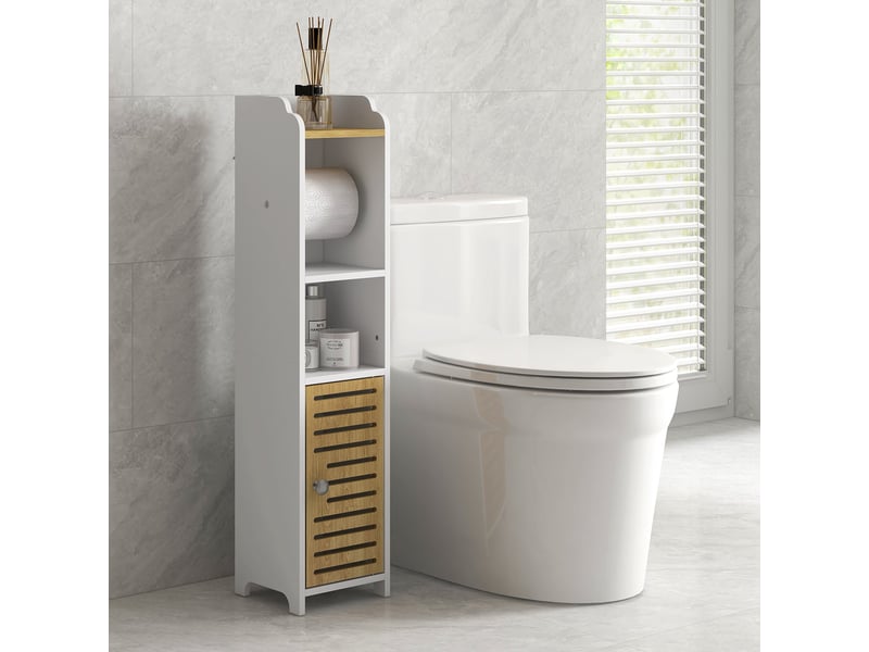  Meuble de salle de bain gain de place en panneaux de particules avec étagères et meuble bas, 18 x 20 x 90 cm, blanc  - Conforama D