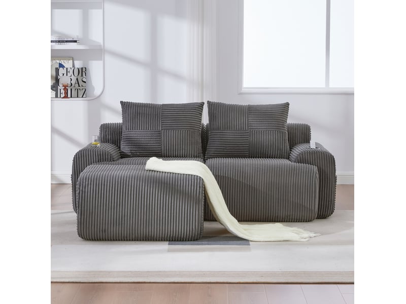 Canapé modulaire 2 places avec pouf, porte-gobelets et poche latérale, en velours côtelé, gris foncé - Conforama C