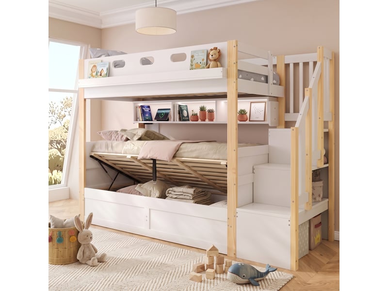 Lit superposé avec lit gigogne hydraulique, lit mezzanine en bois massif, 90x200+90x200 cm, avec bandeau led, charge usb et escalier de rangement blanc et naturel - Conforama E