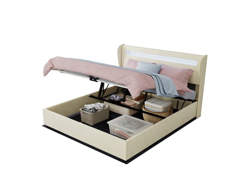 Lit coffre haut avec tête de lit led beige 160x200cm inclut matelas 160x200cm vérin pneumatique design moderne - Conforama A