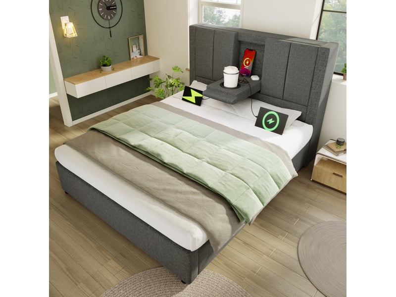  Modenvie lit coffre 90x200 cm - rangement sous le lit, station de charge usb c - matelas inclus - gris  - Conforama E