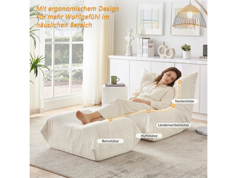 Fauteuil relax beige avec dossier et pouf, tissu bouclette doux, siège de sol confortable pour salon, chambre et bureau - Conforama C