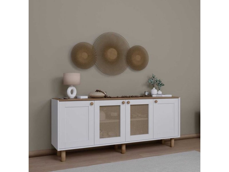  Buffet 4 portes en aggloméré bohemian blanc avec cannage (2 portes)  - Conforama E