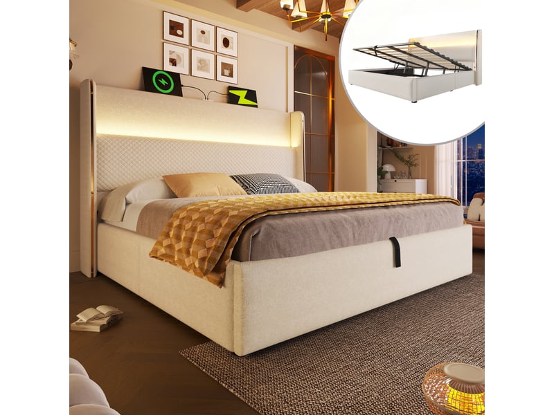  Lit coffre 180x200 cm, lit double, tête de lit haute, ports de charge, led, sommier, lin, beige, sans matelas  - Conforama W