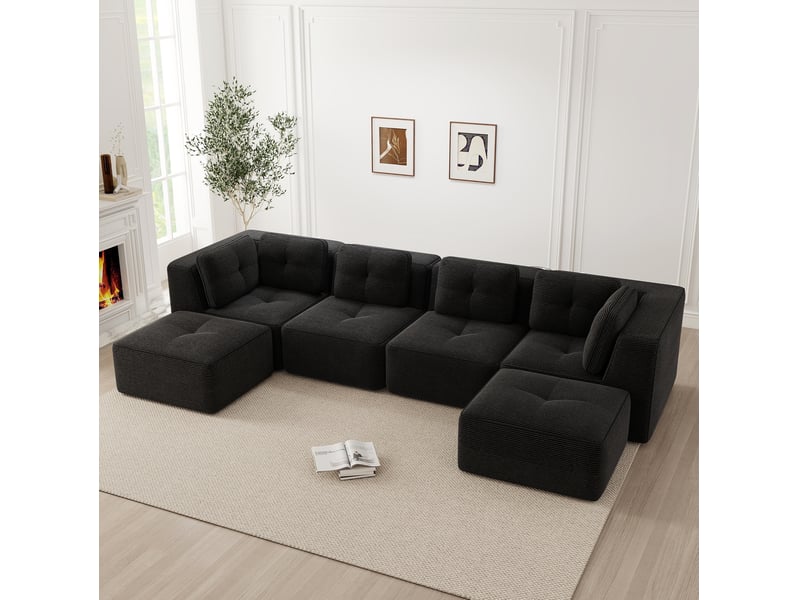  Canapé d'angle modulable ulevr en u, 4 places 386 x 177 cm, velours côtelé noir  - Conforama E