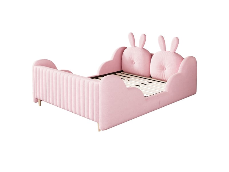 Lit double 140x200cm polsterbett avec coussin lapin nuages velours teddy rose sans matelas - Conforama E