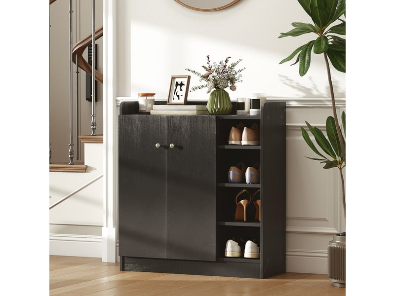 Meuble à chaussures entrée multifonctionnel, 4 étagères ouvertes, 2 portes étagères réglables, 12 paires, gain de place, 83 x 30 x 90 cm, noir - Conforama C