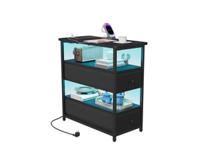 Table de chevet noire 4 niveaux – 2 tiroirs + led rgb, ports usbc & eu, 58×28×60,5 cm