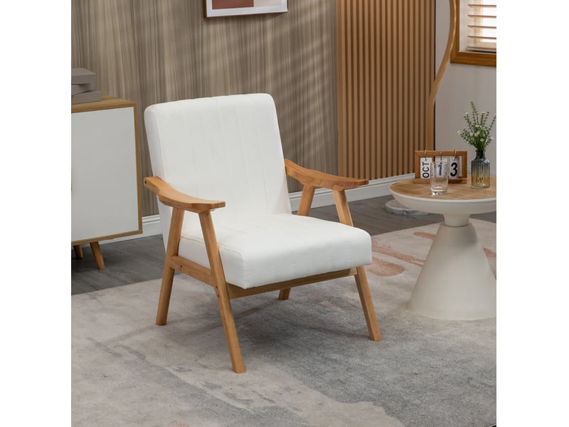  Fauteuil rembourré avec accoudoirs et ressorts sous l’assise, style scandinave en bois et tissu aspect velours blanc crème  - Conforama B
