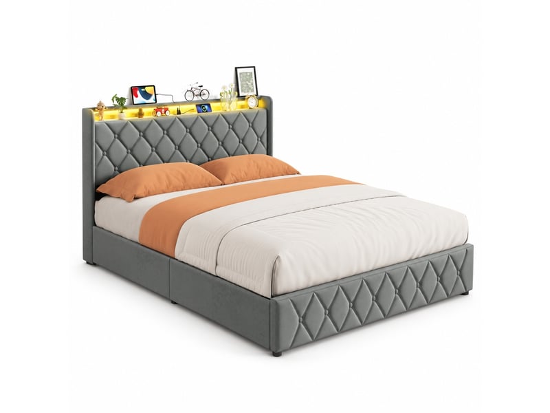 Lit coffre 140x200 cm avec led et usb, lit adulte capitonné avec rangement hydraulique, lit 2 places avec sommier à lattes, lit double avec tête de lit rembourrée, velours gris - Conforama A