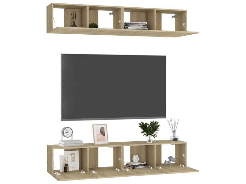  Lot de 4 meuble tv bas salon chêne sonoma 80x30x30 cm bois d'ingénierie shl10839  - Conforama C