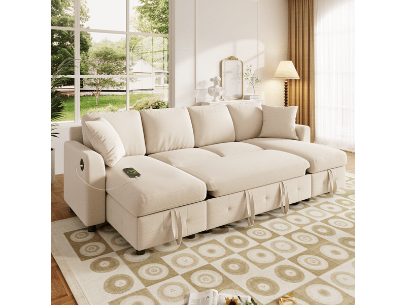  Canapé panoramique en u convertible 4 places avec rangement, ports usb et type-c, 2 coussins en chenille beige  - Conforama D
