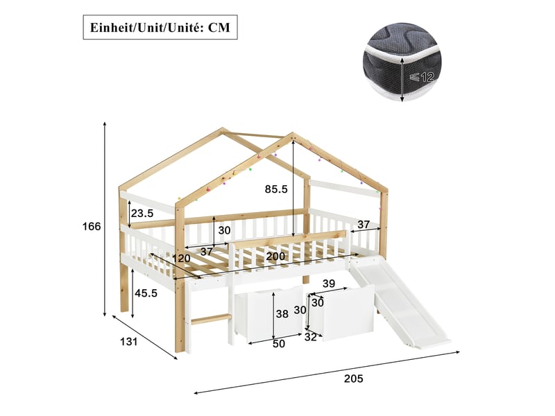 Lit mezzanine 120x200 cm - avec toboggan - avec échelle - 2 tiroirs - barrière de sécurité - bois - structure multifonction - bois naturel et gris CozyNest - Conforama D