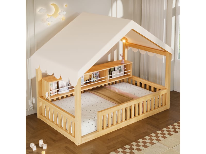  Lit cabane enfant simple 90×200 cm avec led, étagère et barrière - okmyhome- naturel, sans matelas  - Conforama C