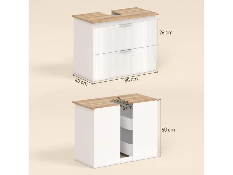  Meuble sous vasque 80 cm blanc, 2 tiroirs et plateau aspect bois, avec découpe pour tuyaux  - Conforama E