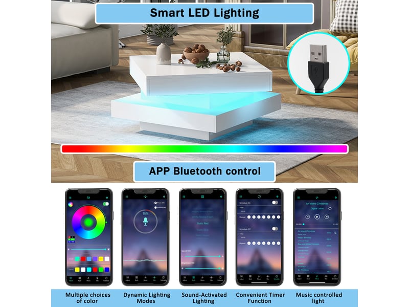  Table basse carrée 70x70 cm blanc led bluetooth - design moderne et pratique  - Conforama E