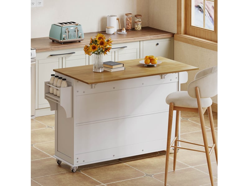 Îlot de cuisine avec plateau de travail rabattable, équipé de 5 roues à frein, 4 portes, 3 tiroirs, étagère sur porte, porte-serviettes double face, design style grange, blanc, 140x43(70)x90,5 cm - Conforama E