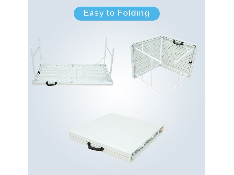 Table de jardin pliante blanche 124,97 cm, hauteur réglable 58–73,66 cm, en plastique et métal, facile à transporter - Conforama B