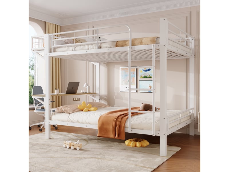  Lit superposé 140 x 200 cm – avec bureau – avec barrières de sécurité – avec échelle – blanc (matelas non inclus)  - Conforama E