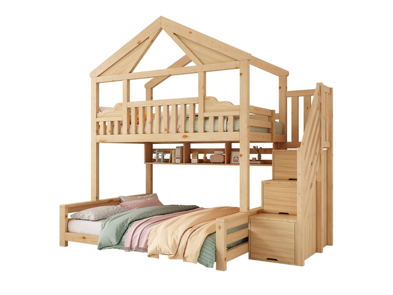 Lit superposé 90x200 et 140x200 cm, style cabane, escalier avec rangement, étagères, sommiers à lattes inclus, bois et mdf, naturel OMNIGLINT TRADING LTD - Conforama A