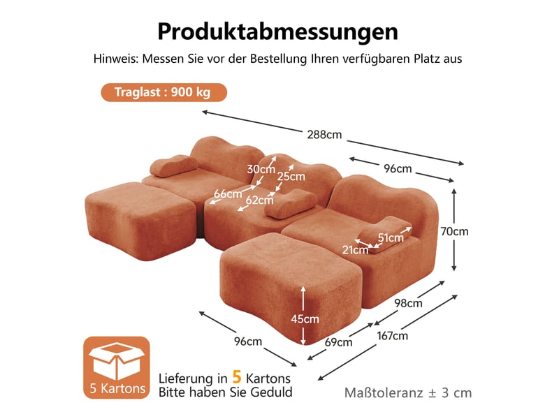  Canapé modulaire 3 places en u avec 2 poufs, velours orange  - Conforama E