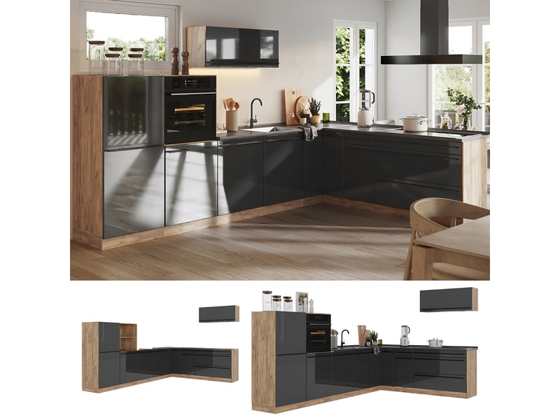  Vicco cuisine en angle, anthracite haute brillancechêne doré, 327 x cm plan de travail chêne doré  - Conforama D
