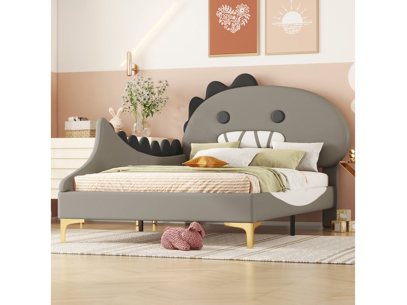  Lit enfant 90 x 200 cm dinosaure en pu et mdf avec sommier à lattes gris  - Conforama D