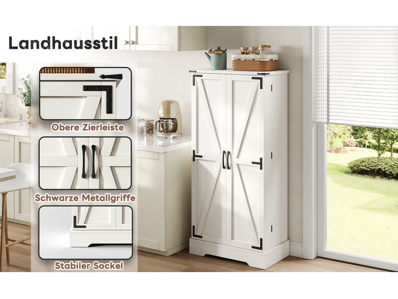  Armoire de cuisine 128,5 cm, buffet de rangement style campagne avec éclairage led, 2 portes, étagères réglables, blanc  - Conforama W