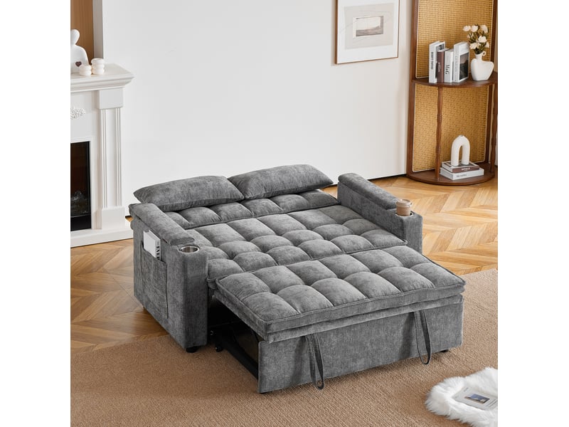 Canapé droit convertible 3 en 1 gris en tissu, rangements et porte-gobelets, idéal chez vous, pour recevoir vos invités - Conforama E