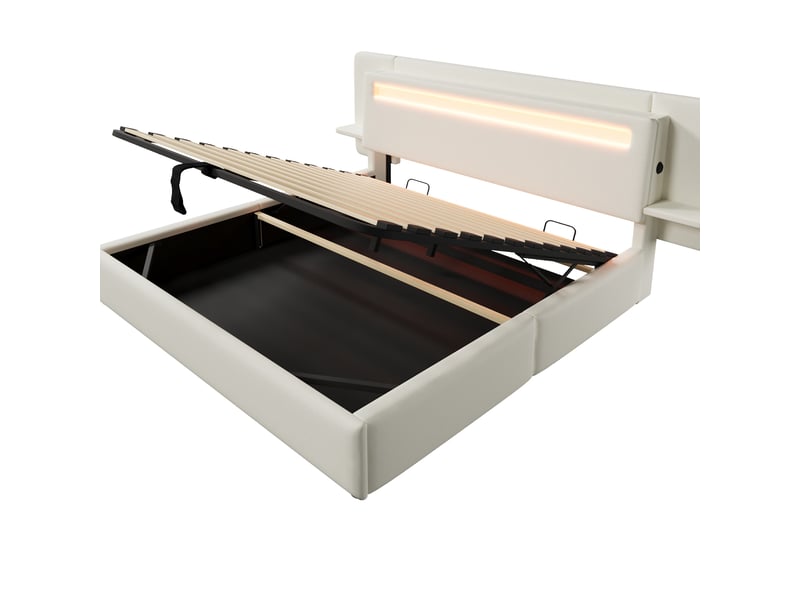  Lit coffre capitonné 180 x 200 cm - avec rangement coffre - table de chevet, port usb et led - mdf + lin - beige (sans matelas)  - Conforama W