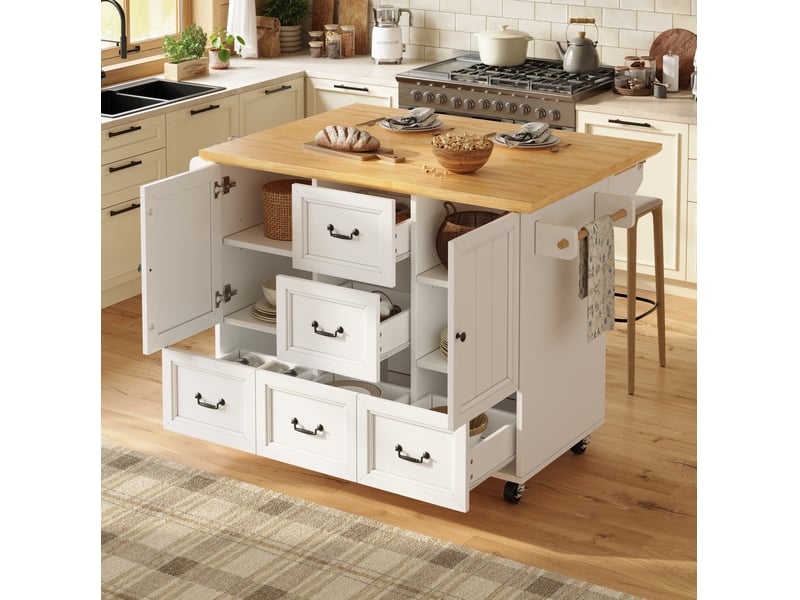  Îlot de cuisine mobile 120x4573x93 cm avec 5 tiroirs, 2 portes, blanc  - Conforama E