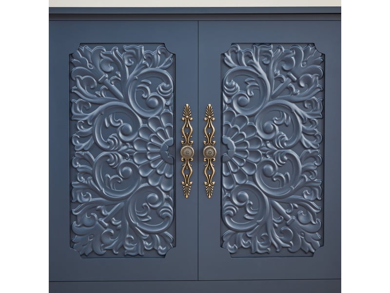  Buffet bleu marine rétro avec sculptures 3d, panneaux de particules, coins arrondis, 160x40x89 cm  - Conforama W