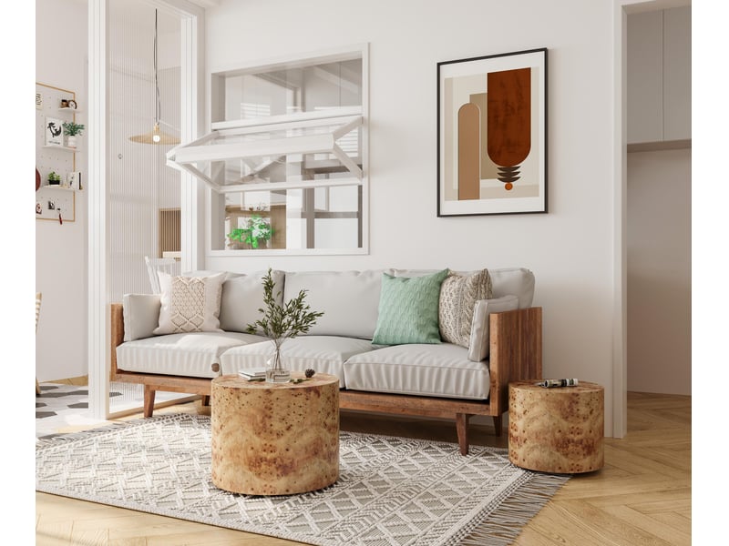  Lot de 2 tables basses gigognes - ø48x38cm et ø38x32cm - tables rondes tambour en bois motif loupe salon - naturel  - Conforama B