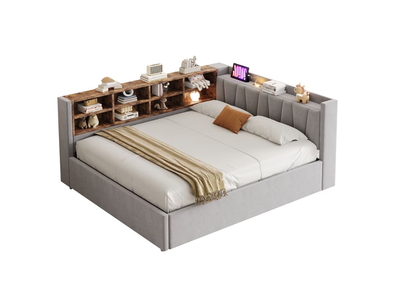  Canapé-lit 140*200 cm avec rangement hydraulique, veilleuse, usb et type-c, étagères, velours gris clair  - Conforama A