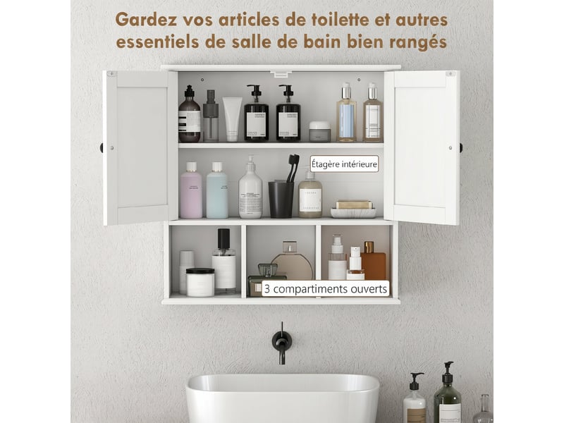  Armoire murale de salle de bain, meuble de rangement avec 2 portes, étagère réglable et compartiments ouverts, blanc  - Conforama E