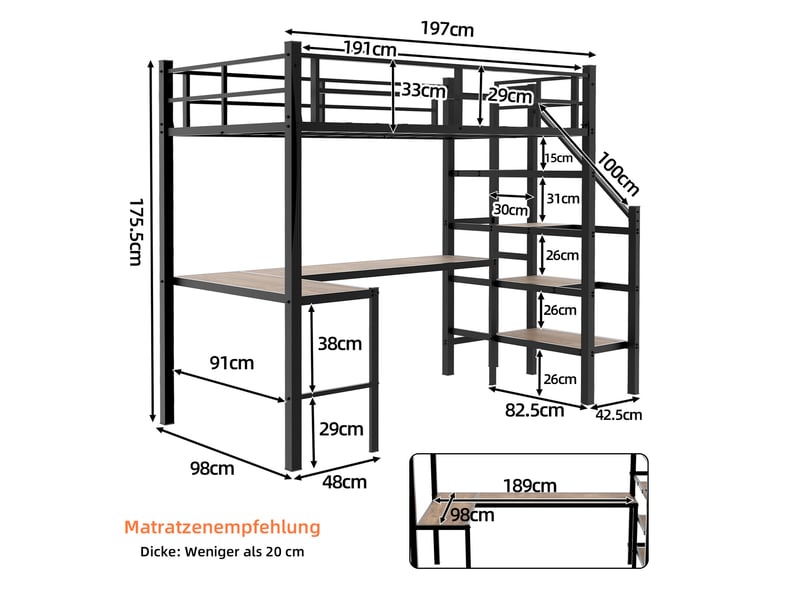 Lit mezzanine 90x190 cm avec bureau en l, rangements et structure métallique noire - Conforama C