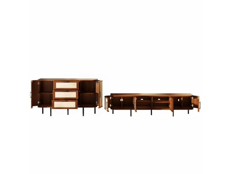  Ensemble meuble tv cannagé – bahut et meuble tv bas – mdf noir, poignées noires, pieds métal – salon moderne  - Conforama E